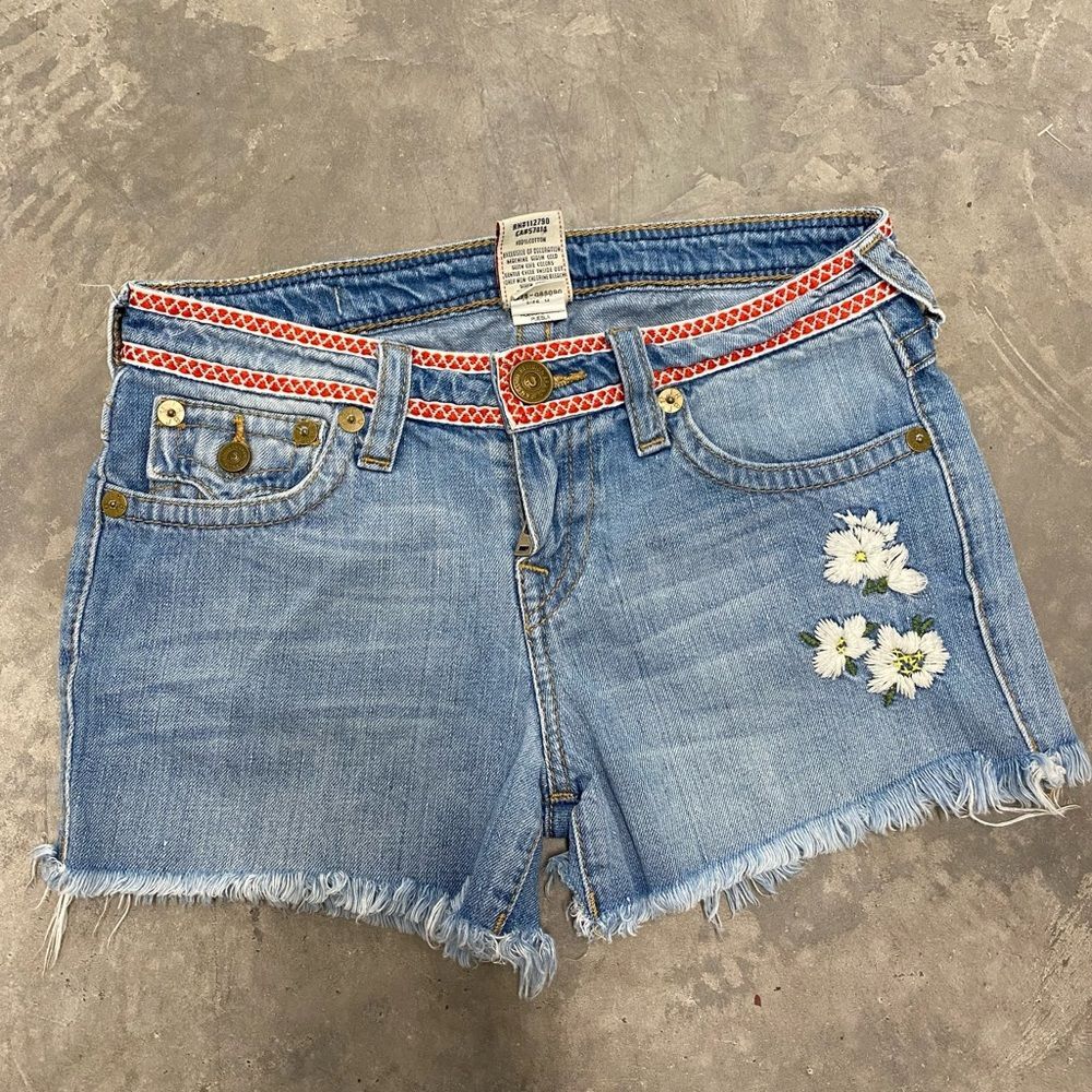 True Religion Light Blue Kids Shorts with Floral Embroidery